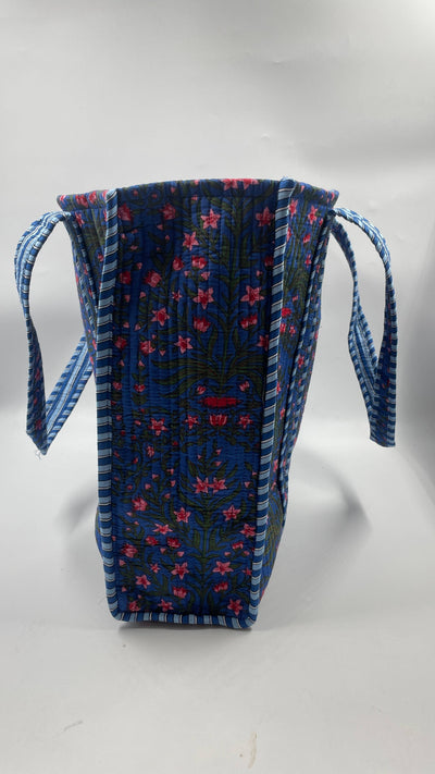 Kantha Quilted Dark Blue/Pink DB Floral Reversible Tote Bag