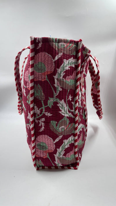Kantha Quilted Red/Burgundy Floral Reversible Tote Bag