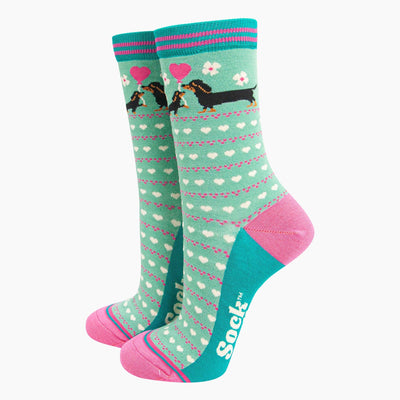 Women's Bamboo Socks - Mint, Sausage Dog & Puppy: UK 3-7 | EU 36-40 | US 5-9