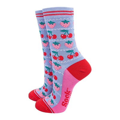 Women's Bamboo Socks - Light Blue/Red, Strawberries