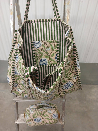Kantha Green/Blue Quilted Reversible Tote Bag