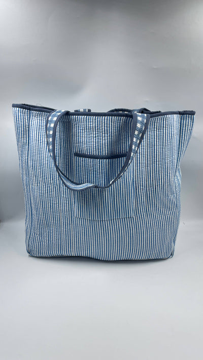 Kantha Quilted Blue Checked Reversible Tote Bag 