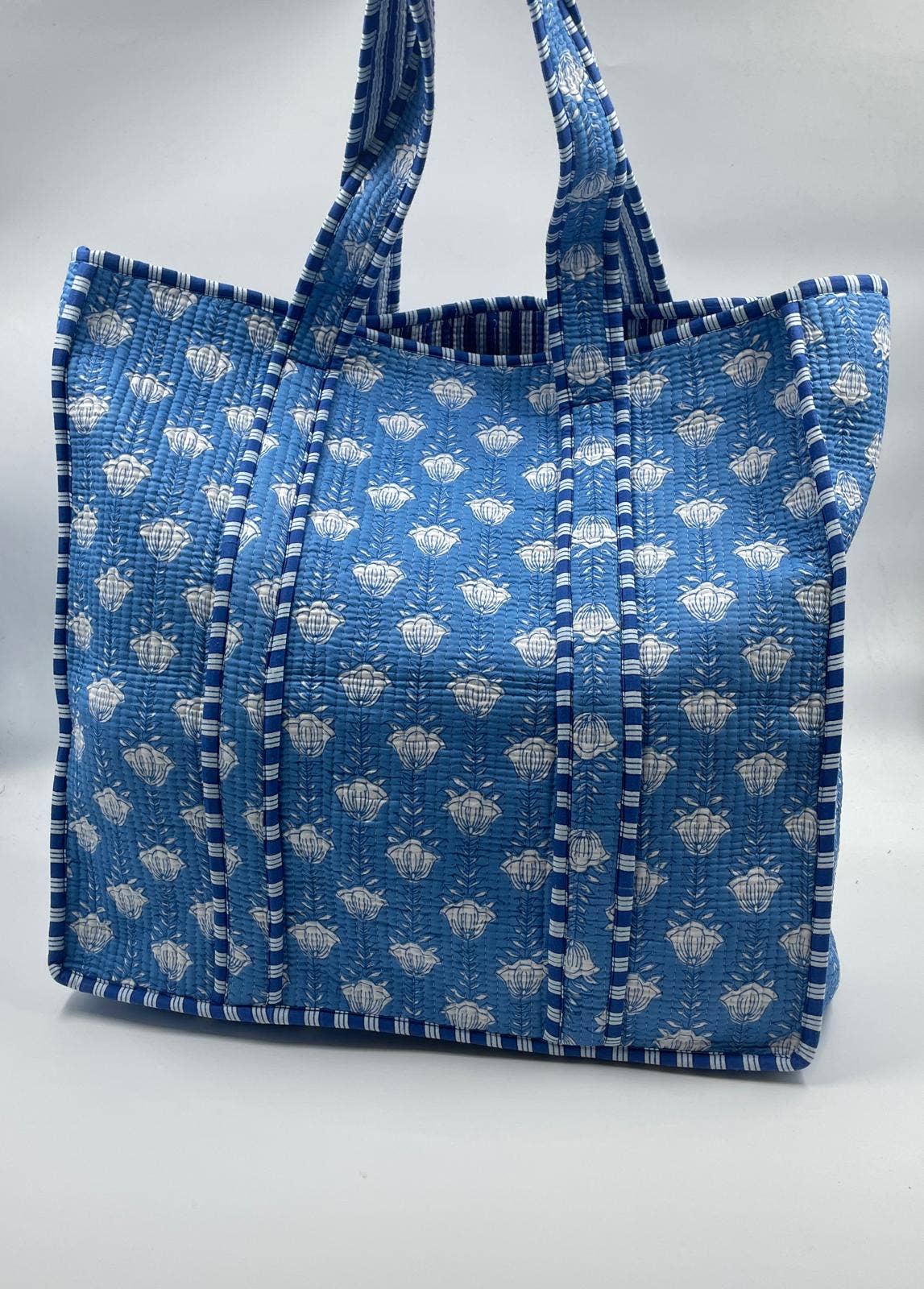 Kantha Blue Small Flowers Quilted Reversible Tote Bag
