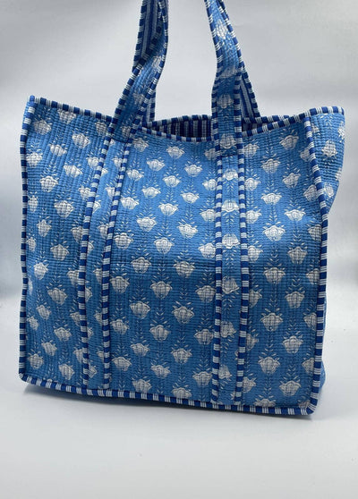 Kantha Blue Small Flowers Quilted Reversible Tote Bag