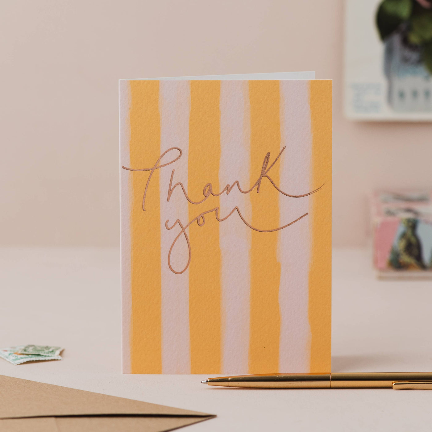 'Thank You’ Mustard / Peach Stripe + Rose Gold Foil Card