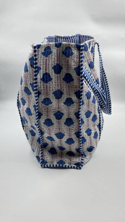 Kantha Quilted Blue Floral Reversible Tote Bag