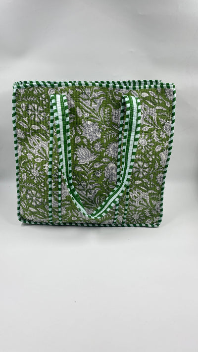 Kantha Green Quilted Floral Reversible Tote Bag