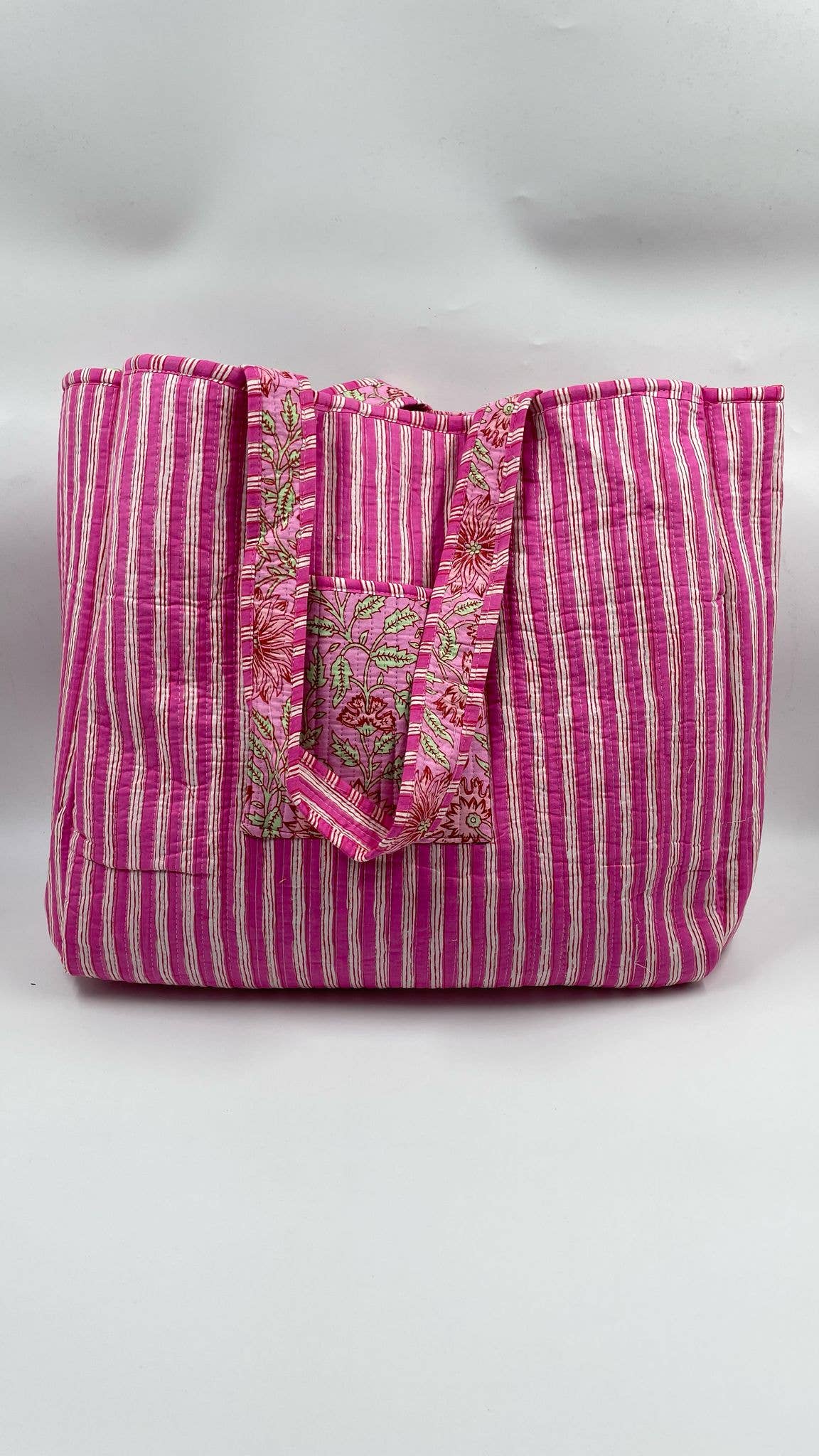 Kantha Pink/Green Quilted Floral Reversible Tote Bag
