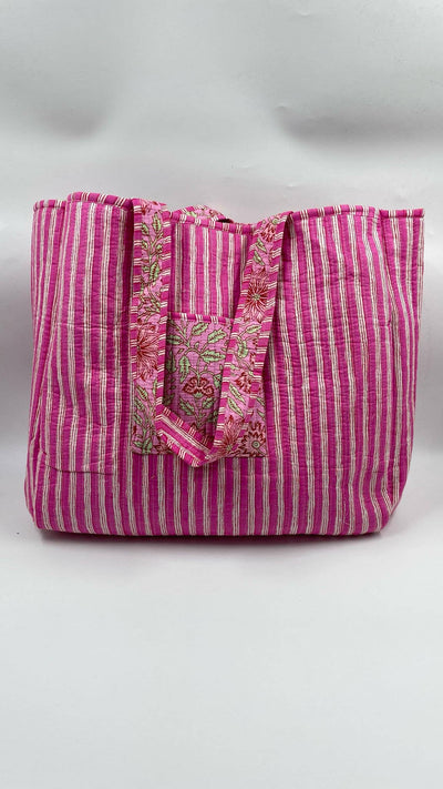 Kantha Pink/Green Quilted Floral Reversible Tote Bag