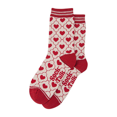 Women's Bamboo Socks - Cream/Red, Heart Ribbon