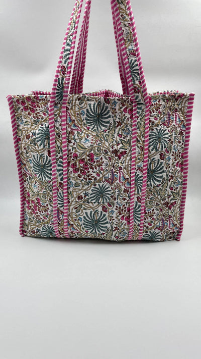 Kantha Pink/Blue Quilted Reversible Floral Tote Bag