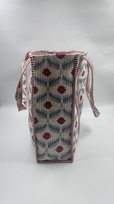 Kantha Quilted White/Red/Blue Floral Reversible Tote Bag