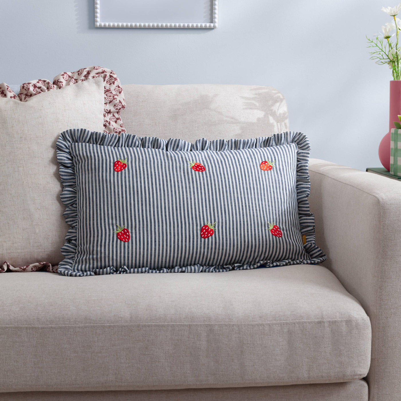 Les Fruites Embroidered Ruffle Cushion Strawberries: Strawberries - 30 x 50cm