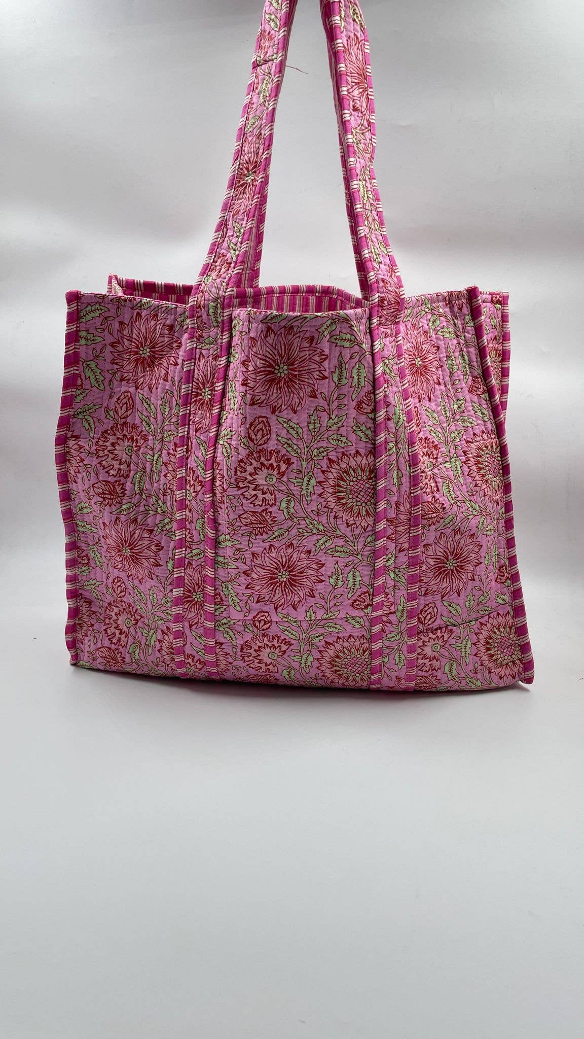Kantha Pink/Green Quilted Floral Reversible Tote Bag