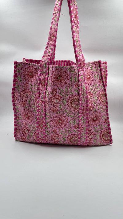 Kantha Pink/Green Quilted Floral Reversible Tote Bag