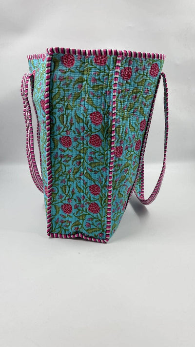 Kantha Turquoise/Purple Quilted Floral Reversible Tote Bag