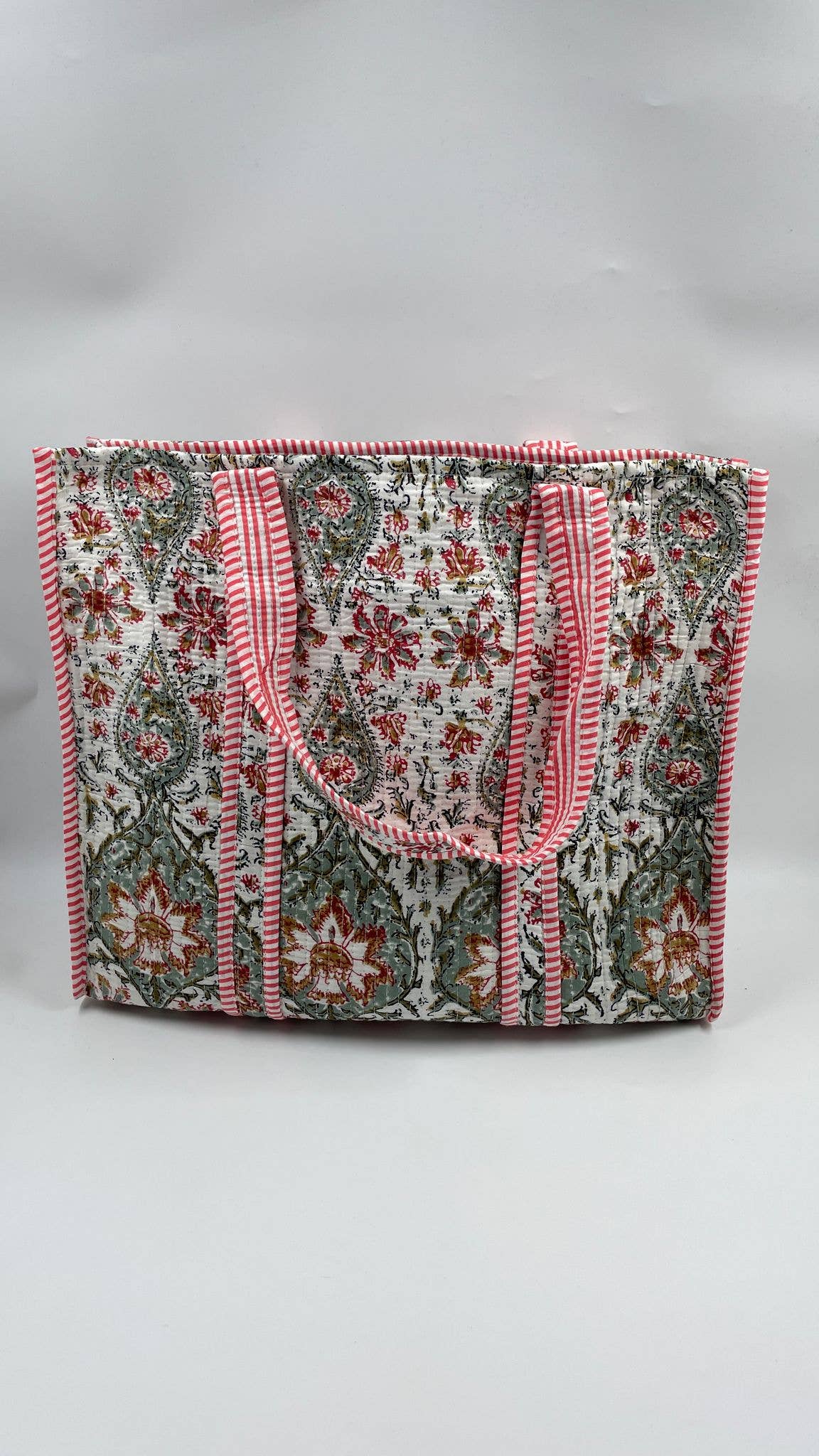 Kantha Green/Red Quilted Reversible Floral Tote Bag
