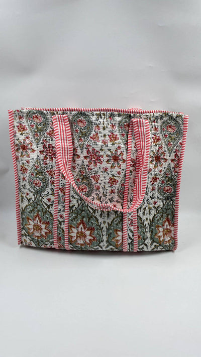 Kantha Green/Red Quilted Reversible Floral Tote Bag