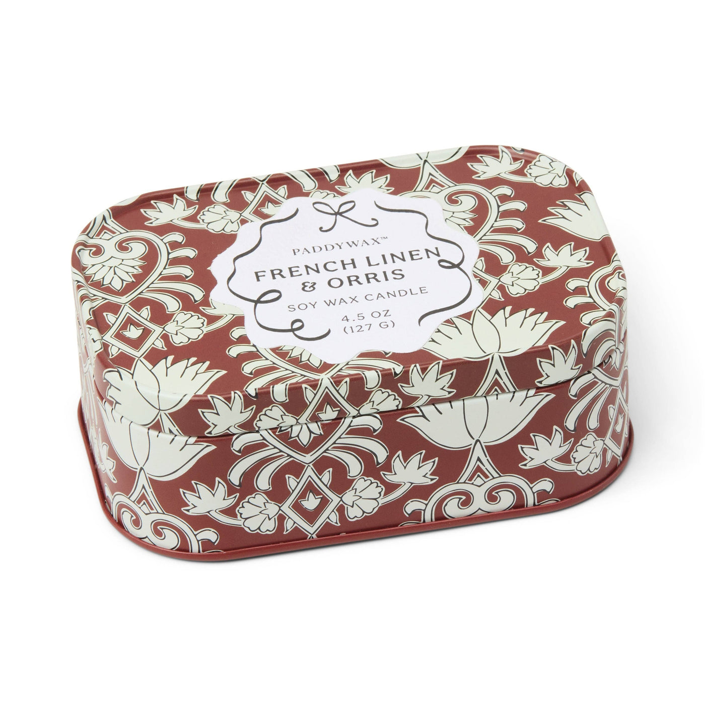 Cherie 4.5oz/127g Printed Tin Candle - Crimson & Cream - French Linen & Orris