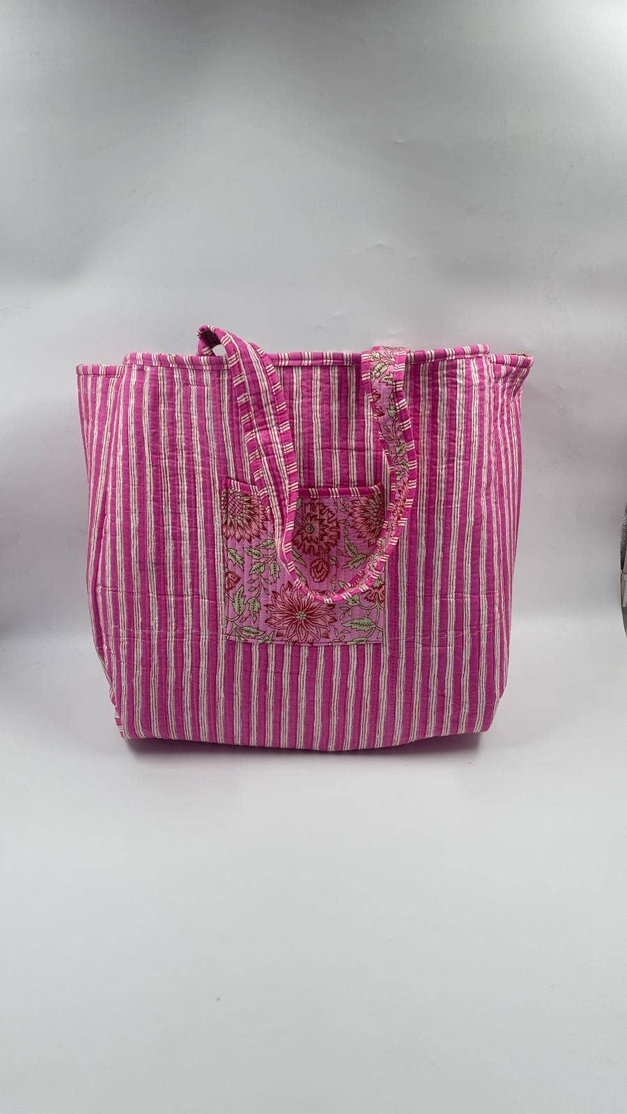 Kantha Quilted Pink/Pink Floral Reversible Tote Bag