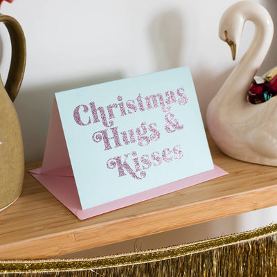 'Christmas Hugs & Kisses' Retro Glitter Card: Cello