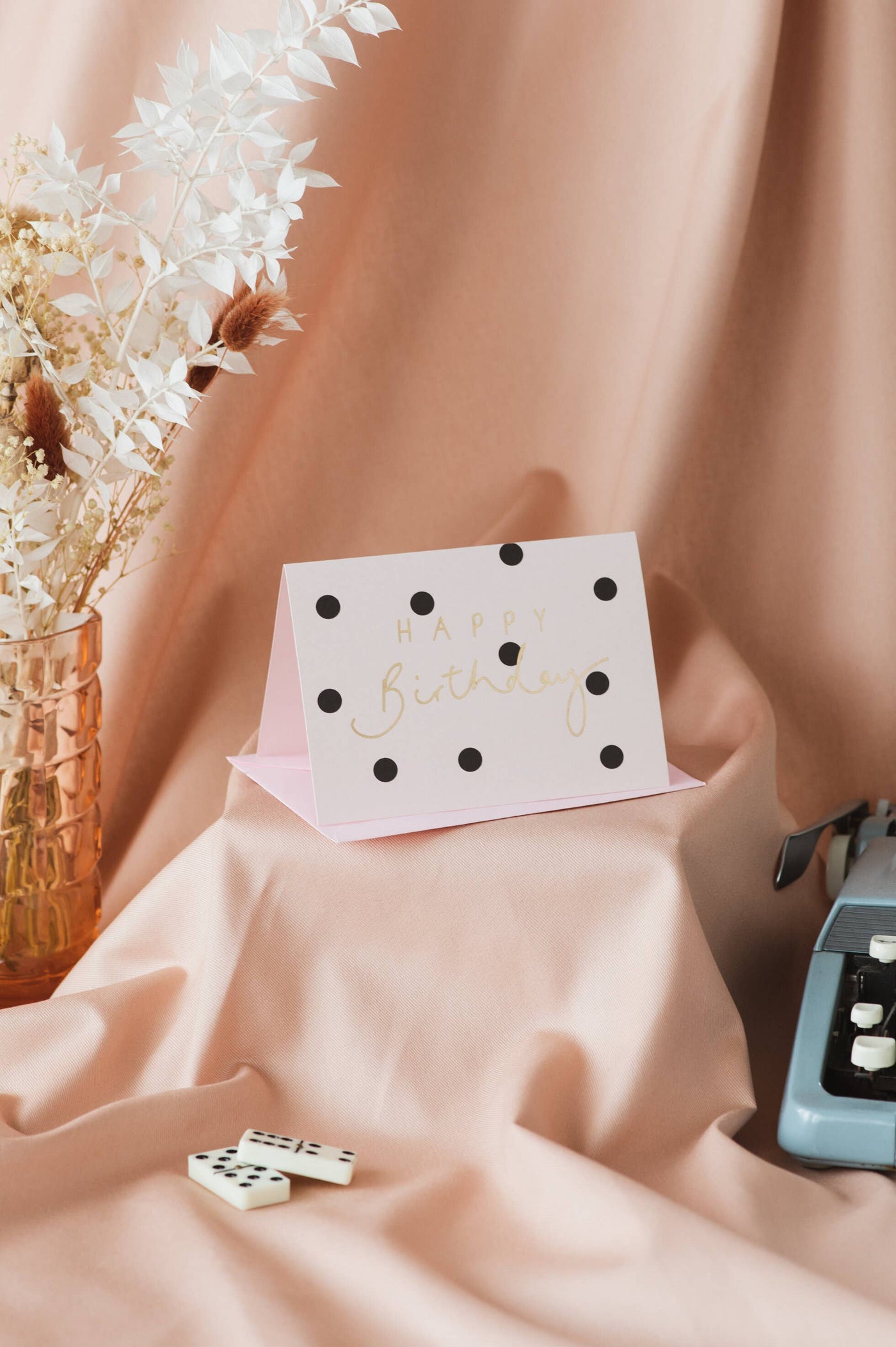 'Happy Birthday' Gold Foil Pink + Black Polka Dot Card