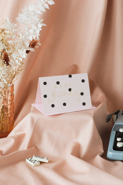 'Happy Birthday' Gold Foil Pink + Black Polka Dot Card