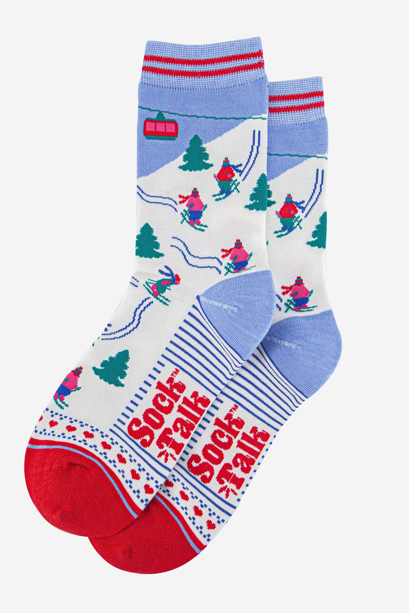 Women's Bamboo Socks - Sky Blue/Red, Mountain Ski