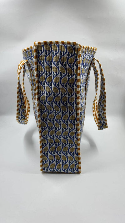 Kantha Blue/Mustard Quilted Lotus Reversible Tote Bag