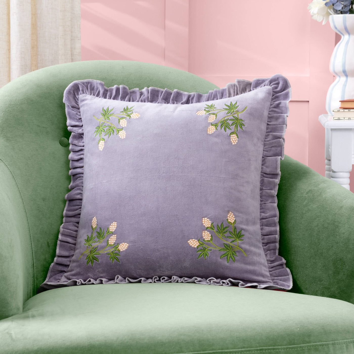 Hettie Embroidered Velvet Cushion Lilac: Lilac  45 x 45cm