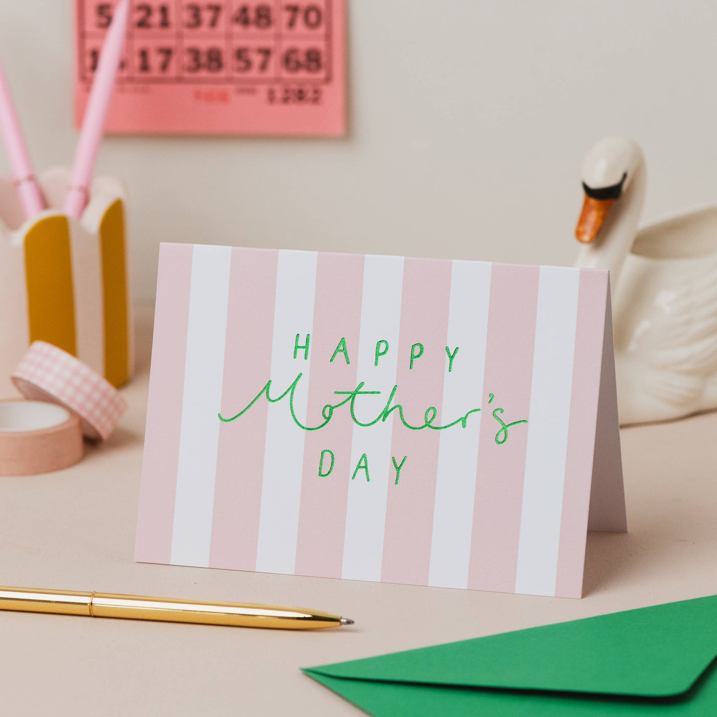 'Happy Mother's Day' Pink Stripe Green Foil Card: Cellophane