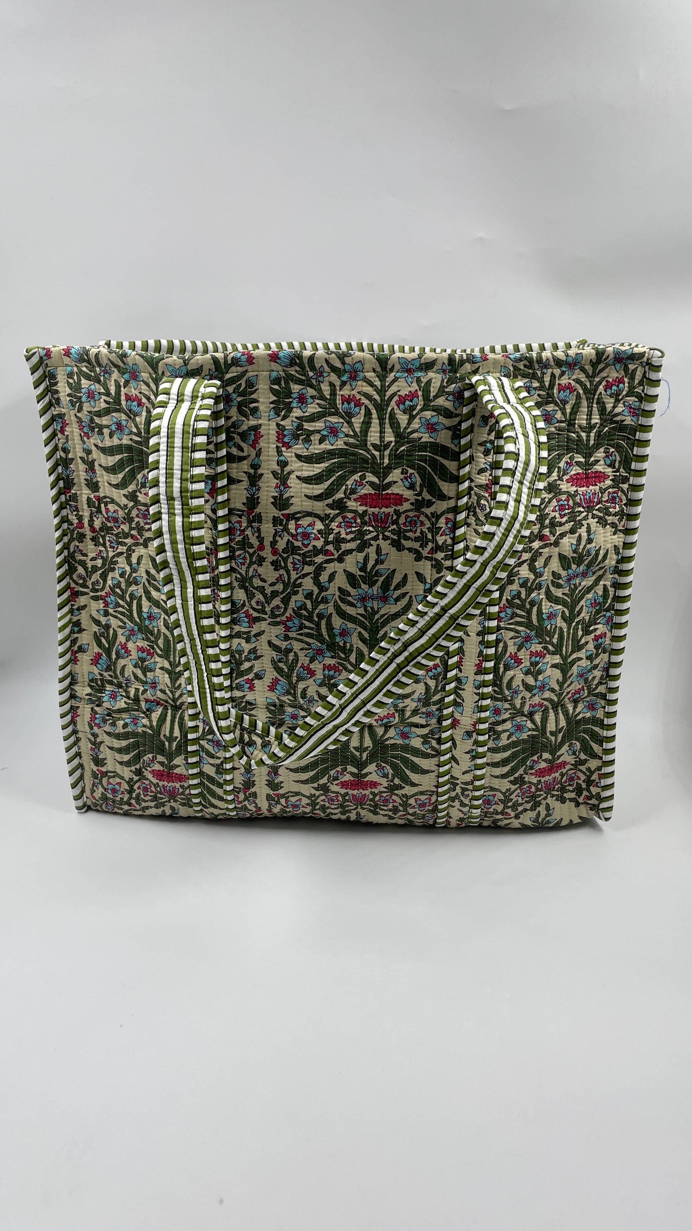 Kantha Quilted Khaki/Blue Floral Reversible Tote Bag 