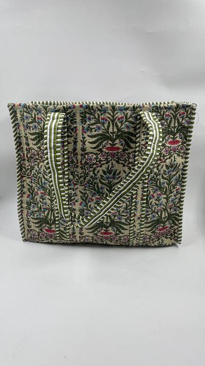 Kantha Quilted Khaki/Blue Floral Reversible Tote Bag 