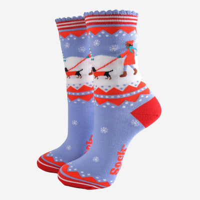 Women's Bamboo Socks - Blue/Red, Sausage Dog Walk