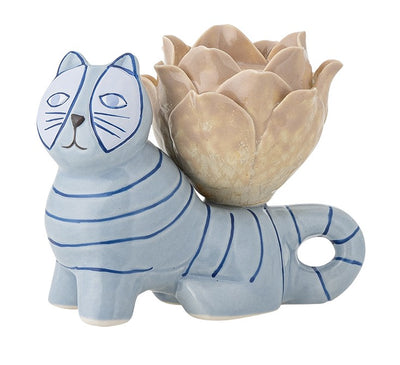 Missy Candle Holder Blue Stripe Cat