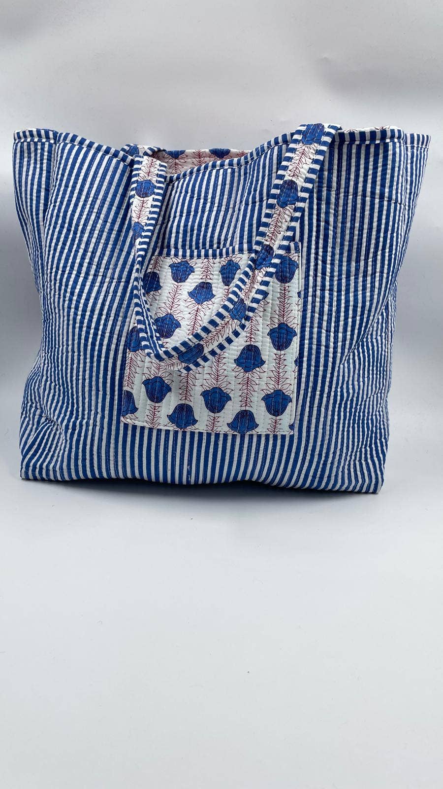 Kantha Quilted Blue Floral Reversible Tote Bag