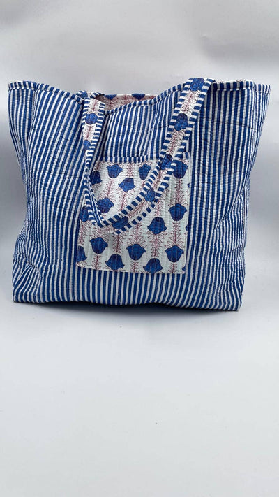 Kantha Quilted Blue Floral Reversible Tote Bag