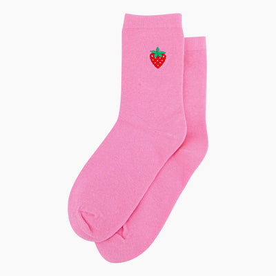 Women's Embroidered Socks - Pink, Strawberry