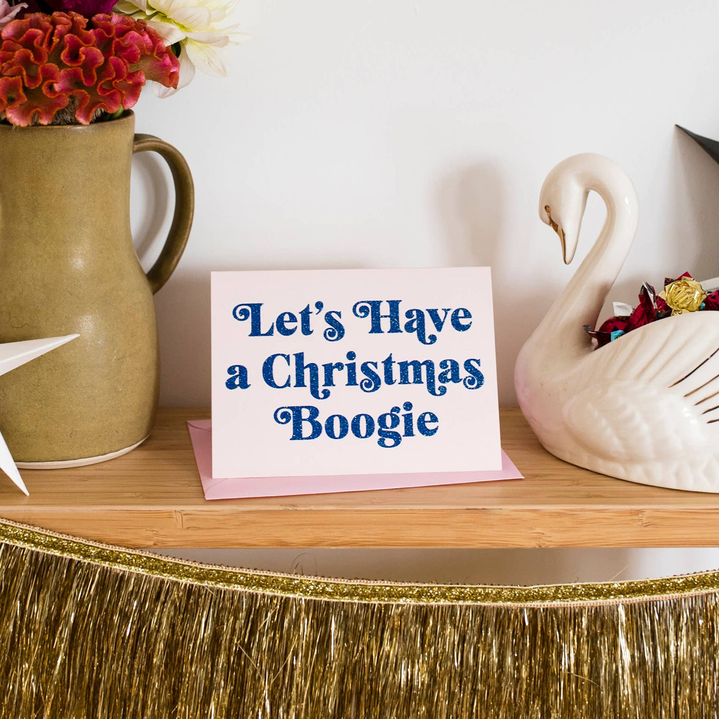 'Let's Have a Christmas Boogie' Retro Blue Glitter Card: Cello