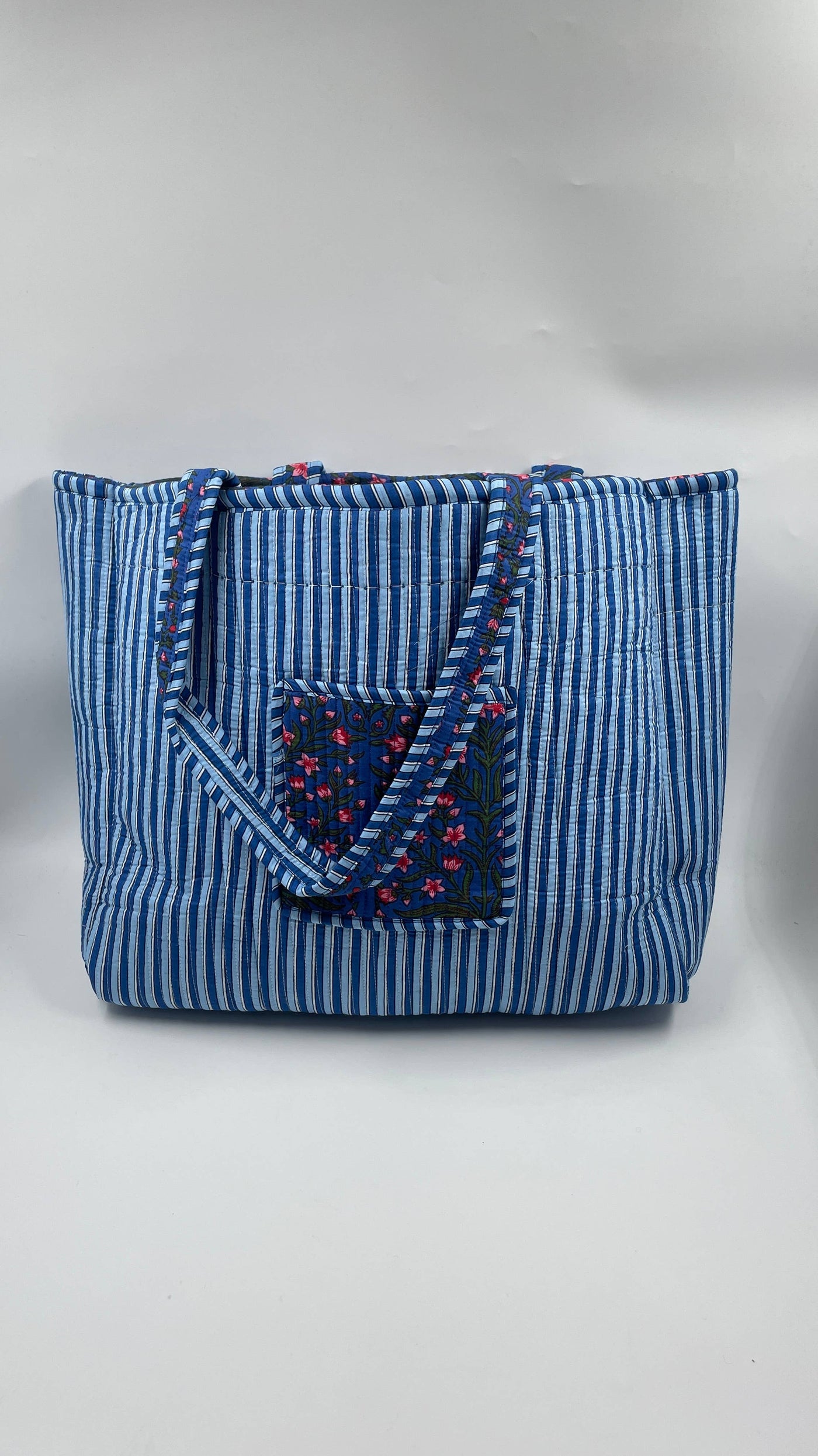 Kantha Quilted Dark Blue/Pink DB Floral Reversible Tote Bag