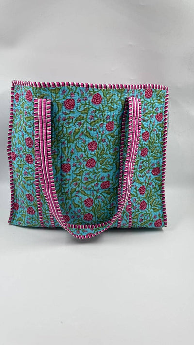 Kantha Turquoise/Purple Quilted Floral Reversible Tote Bag