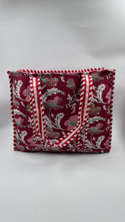 Kantha Quilted Red/Burgundy Floral Reversible Tote Bag