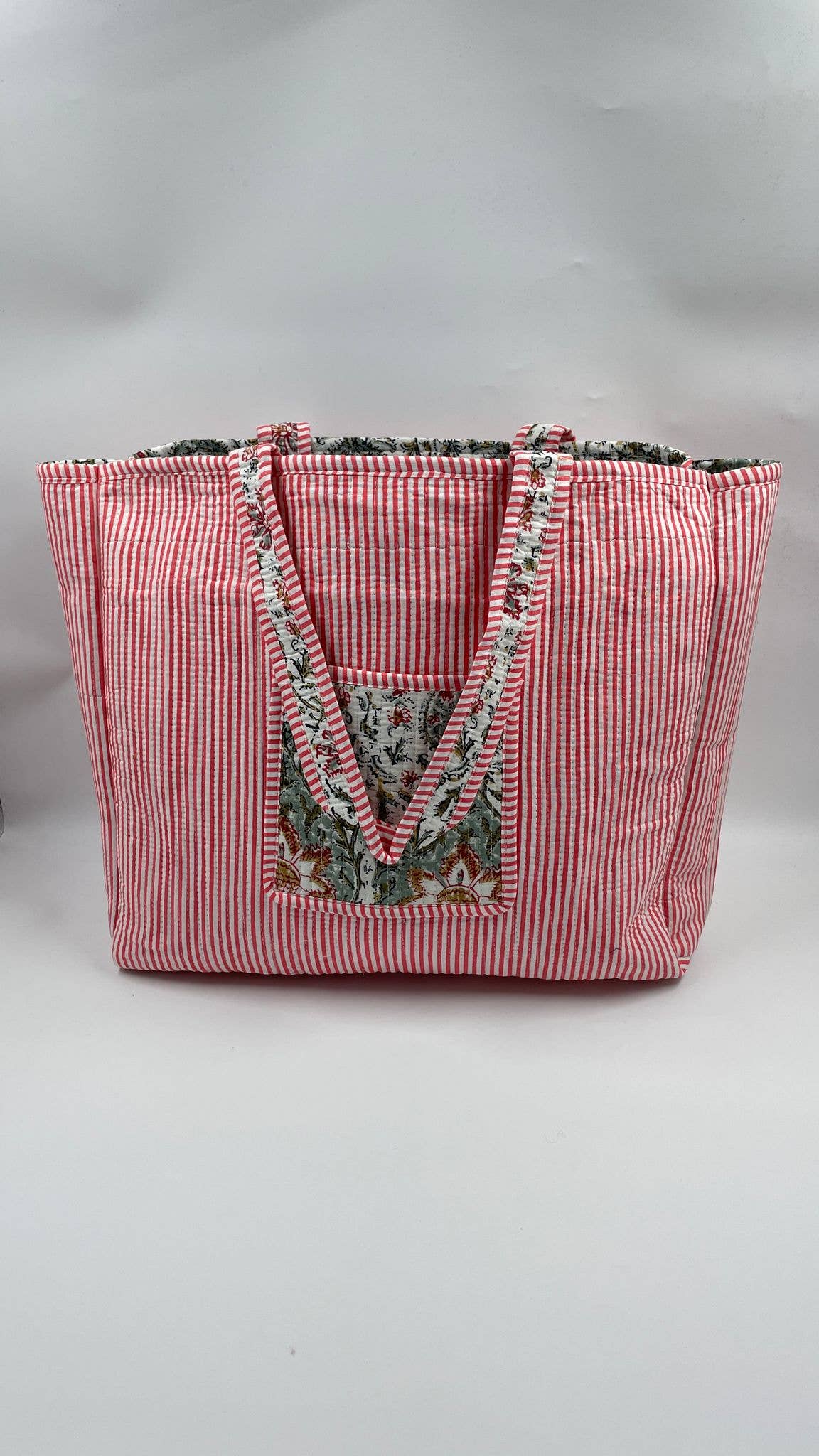 Kantha Green/Red Quilted Reversible Floral Tote Bag