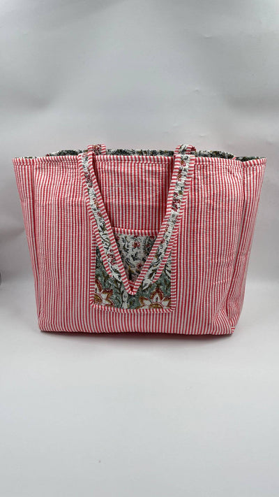 Kantha Green/Red Quilted Reversible Floral Tote Bag