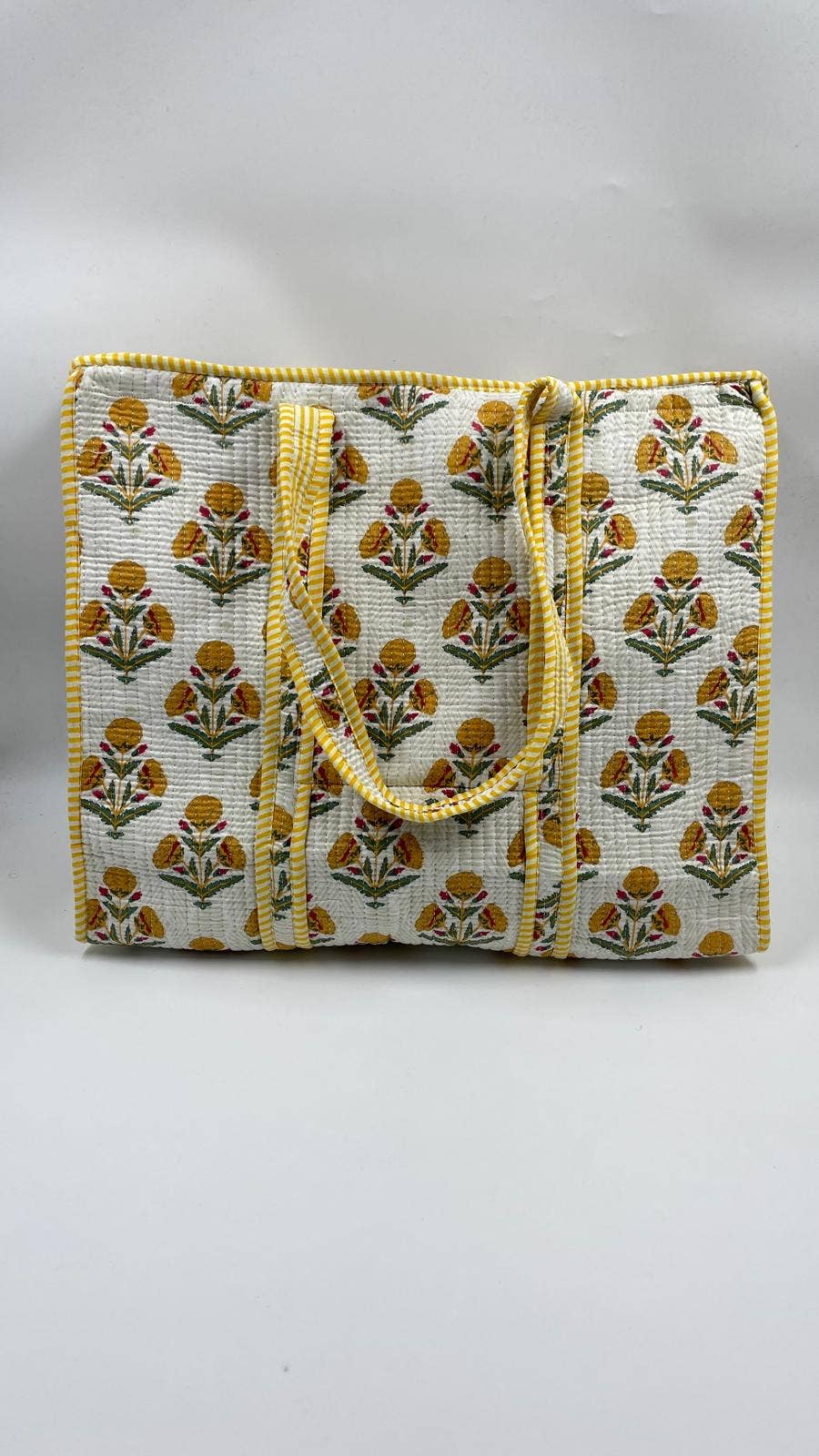 Kantha White/Yellow Quilted Tote Bag with Zip