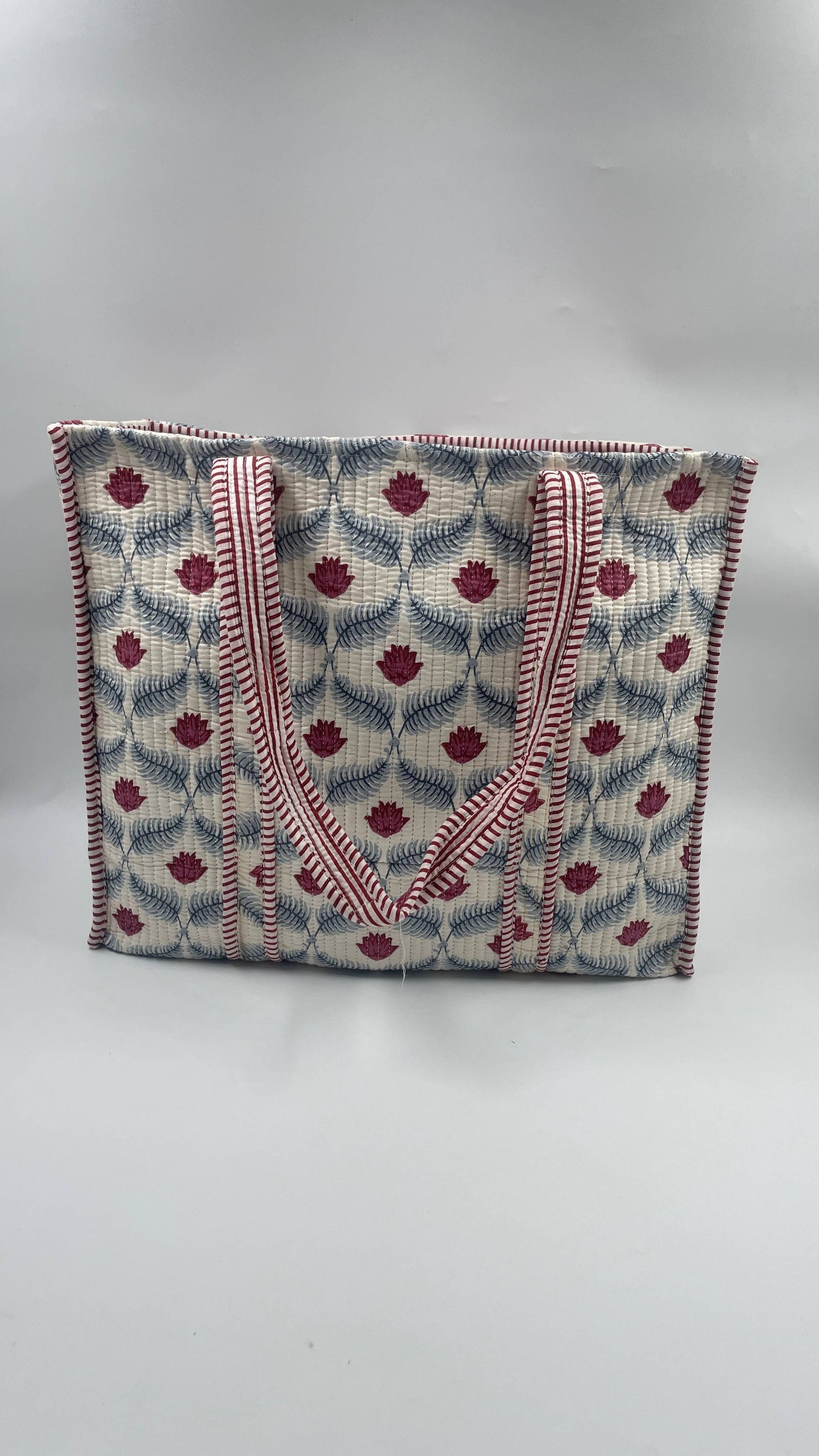 Kantha Quilted White/Red/Blue Floral Reversible Tote Bag