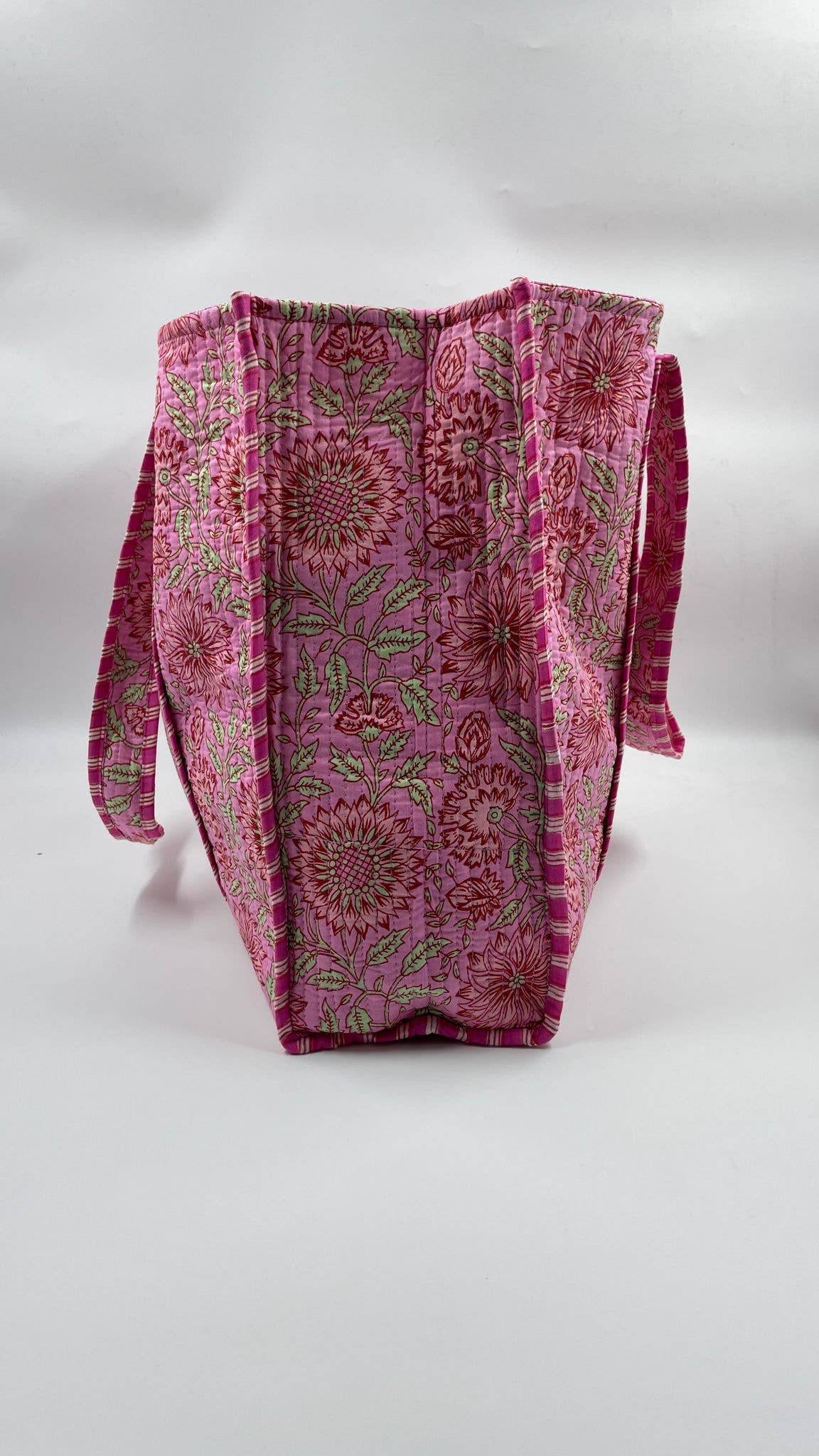 Kantha Pink/Green Quilted Floral Reversible Tote Bag