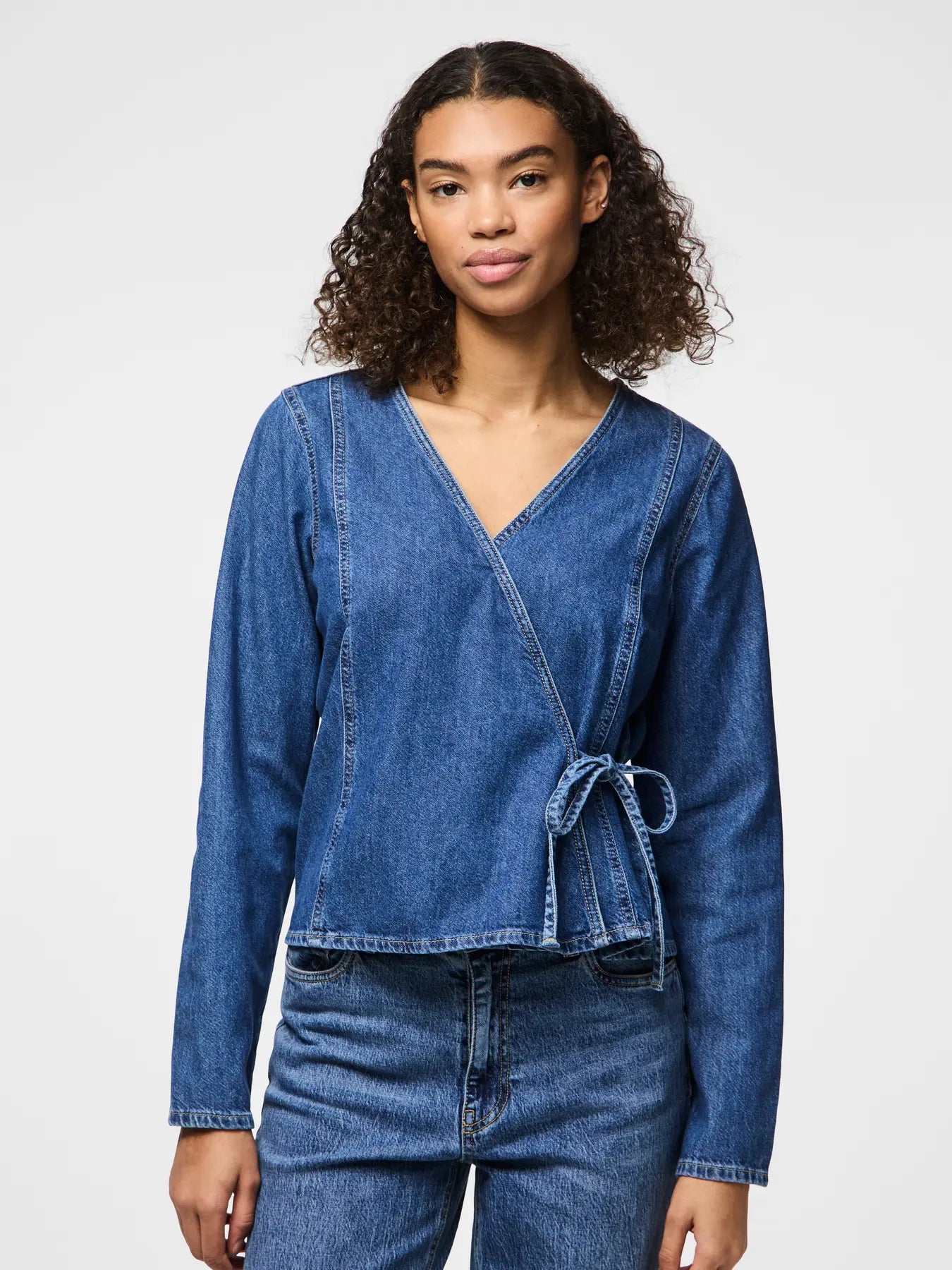 PcTabi Wrap Denim Top Dark Blue