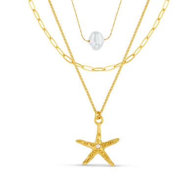 Starfish & Pearl 3-Row Necklace