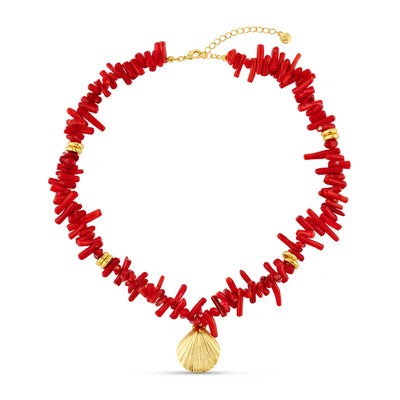 Red Coral Chip & Shell Necklace